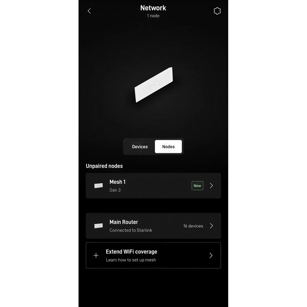 Starlink app showing the Gen 3 router detected as an available mesh node on the network.