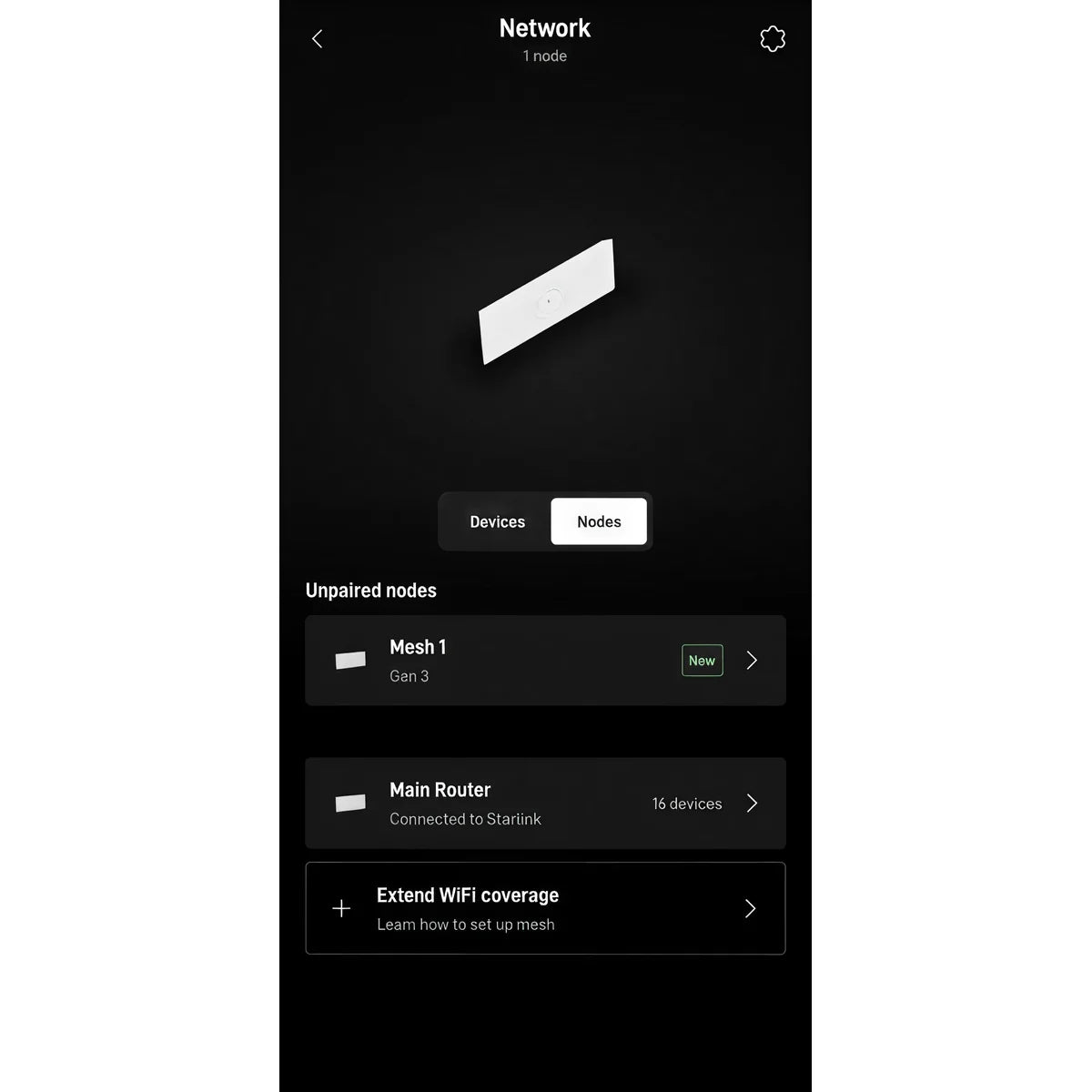 Starlink app showing the Gen 3 router detected as an available mesh node on the network.