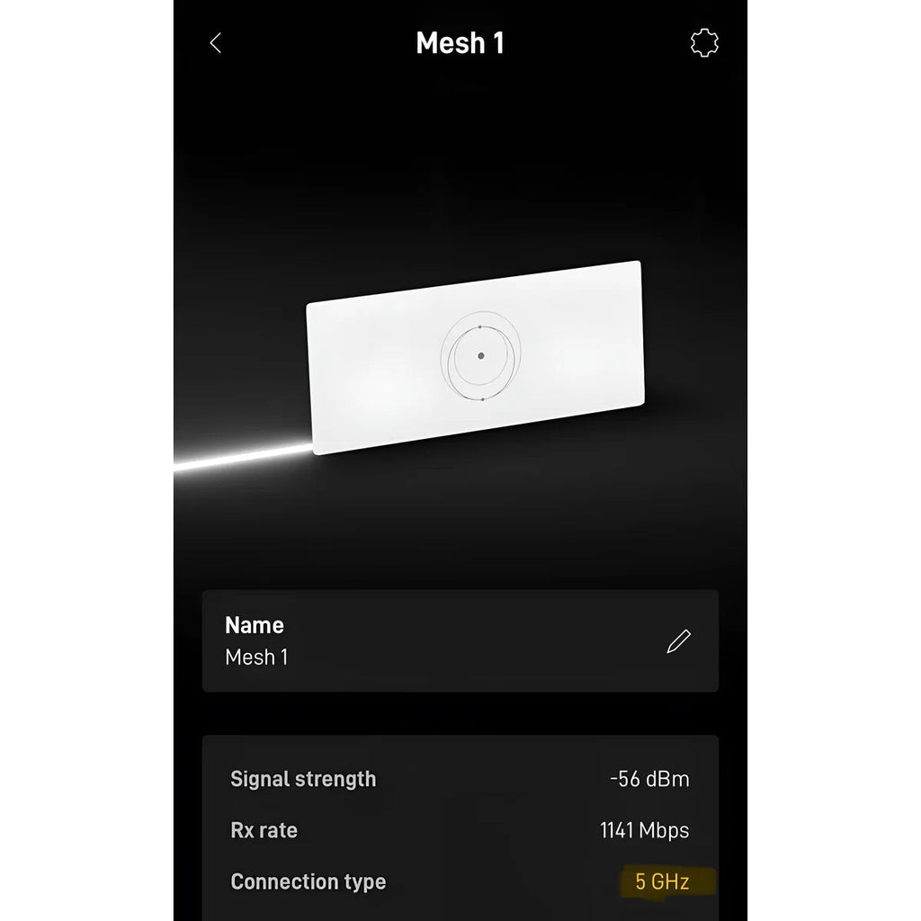 Starlink app showing the paired mesh node with signal strength, receive rate and 5 GHz connection.