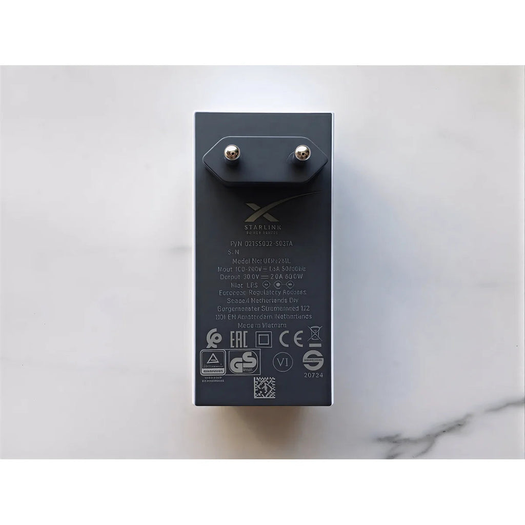 Rear label of the Starlink Mini power supply, EU plug version, with CE and GS certification marks.