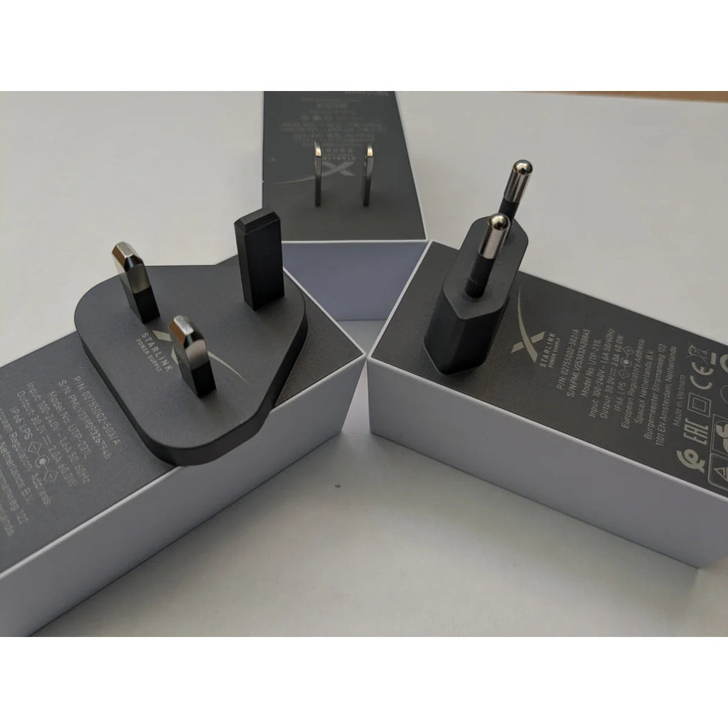 Starlink Mini power supply plug types compared: UK Type G, EU Type C and US Type A versions.