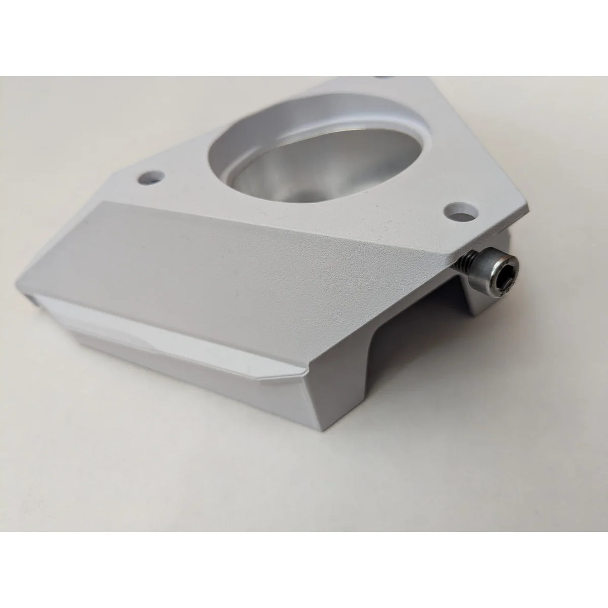 Side profile of the Starlink pipe adapter showing the body depth and the protruding clamp screw.