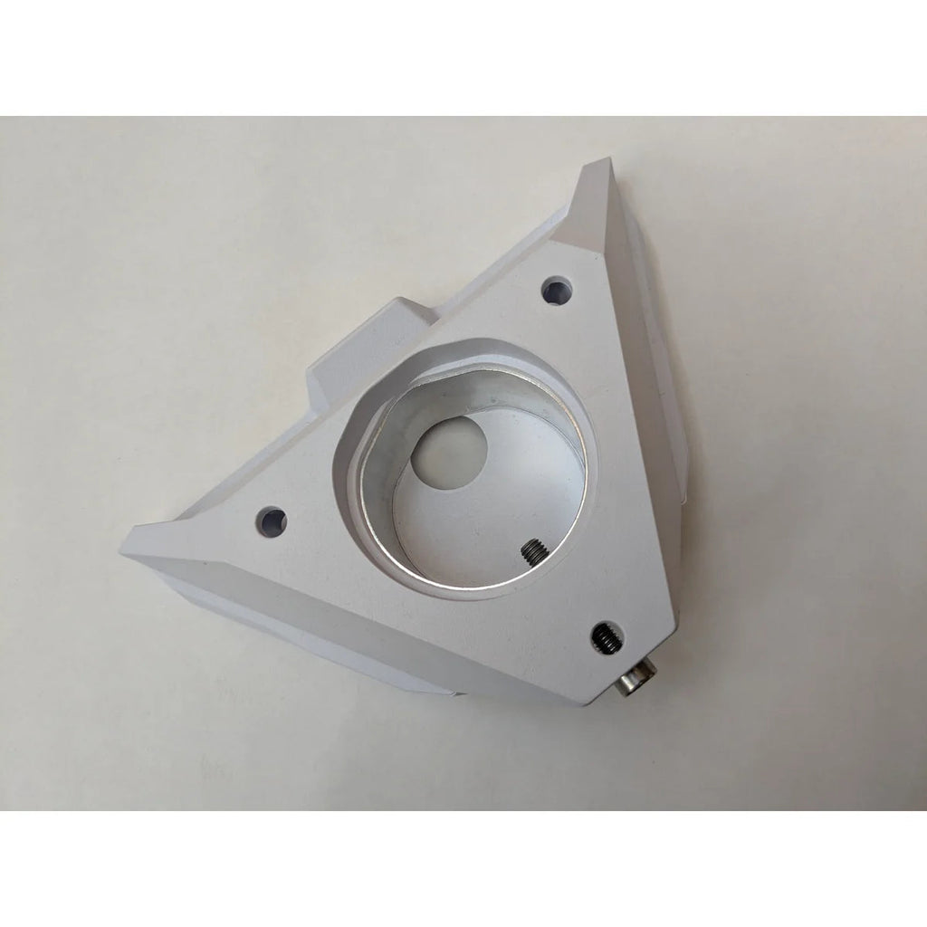 Top view of the Starlink pipe adapter showing the machined bore and the threaded fixing points.