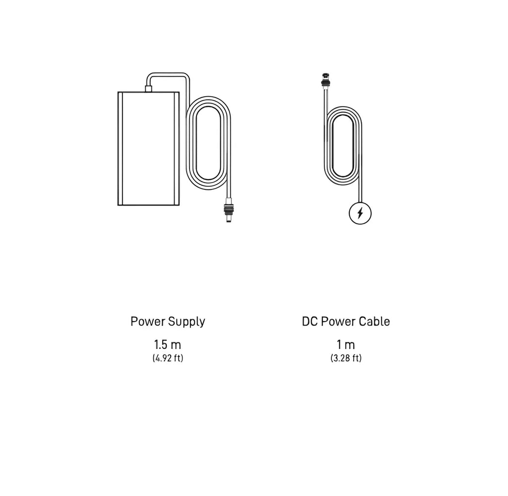 Diagram giving the Starlink power supply lead as 1.5 m and the DC power cable as 1 m.