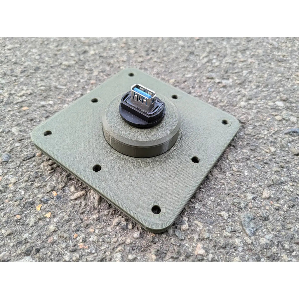 StarMax USB-A 3.0 panel socket on a square olive green faceplate, seen at an angle.